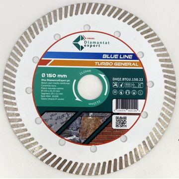 Disc DiamantatExpert TURBO pt. Beton Ranforsat Usor, Materiale de constructii 150x22.23 (mm) taiere uscata sau umeda, Blue Line Profesional - DXQZ.BTGU.150