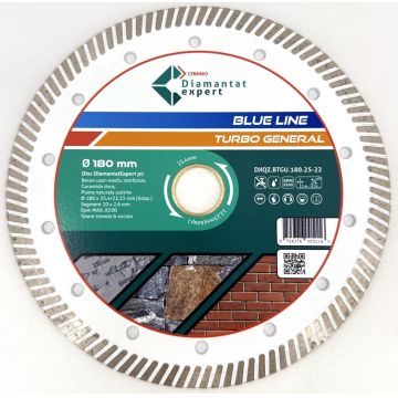 Disc DiamantatExpert TURBO pt. Beton Ranforsat Usor, Materiale de constructii 180x25,4/22.23(ring) (mm) taiere uscata sau umeda, Blue Line Profesional - DXQZ.BTGU.180.25-22