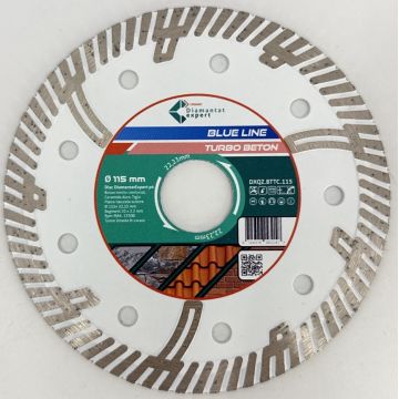 Disc DiamantatExpert TURBO Segmentat pt. Beton Ranforsat Usor, Materiale de constructii 115x22.23 (mm) taiere uscata sau umeda, Blue Line Profesional - DXQZ.BTTC.115