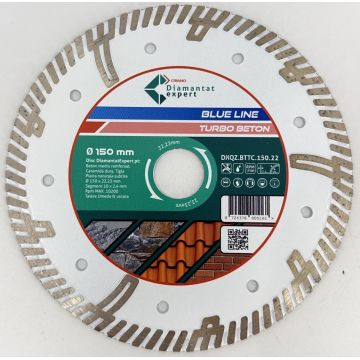 Disc DiamantatExpert TURBO Segmentat pt. Beton Ranforsat Usor, Materiale de constructii 150x22.23 (mm) taiere uscata sau umeda, Blue Line Profesional - DXQZ.BTTC.150