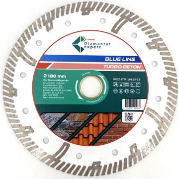 Disc DiamantatExpert TURBO Segmentat pt. Beton Ranforsat Usor, Materiale de constructii 180x25,4/22.23(ring) (mm) taiere uscata sau umeda, Blue Line Profesional - DXQZ.BTTC.180.25-22