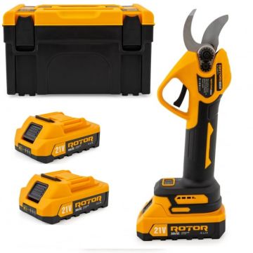 Foarfeca de gradina pe acumulator Rotor, 21V 3Ah, 600W, Motor Brushless, Capacitate taiere 32mm, 2 acumulatori inclusi, Geanta de transport