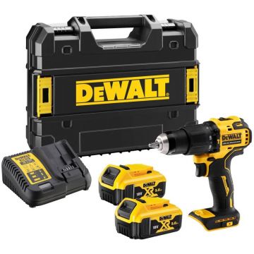 Masina de insurubat si gaurit cu percutie Dewalt DCD709P2T, max 65 Nm, cu 2 acumulatori XR 18V/5.0Ah si incarcator in valiza de transport