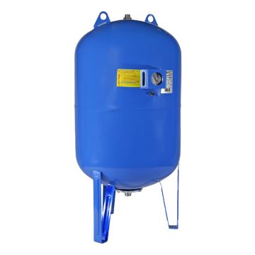 Vas de expansiune vertical Wassertechnik WTH150VMBLUE, apa rece, volum 150 l, presiune max.10 bari, cu suport, manometru