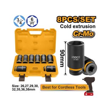 INGCO Set de prize lungi pentru mașini 8 piese 3/4" 26-38 mm CrMo