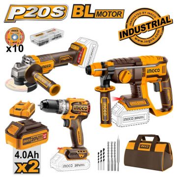 Set 3 scule profesionale fara fir, INGCO + 2 acumulator de 20V - 4AH + Incarcator rapid pentru acumulator