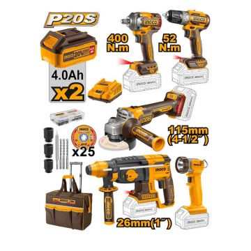Set 5 scule profesionale fara fir, INGCO + 2 acumulator de 20V - 4AH + Incarcator rapid pentru acumulator