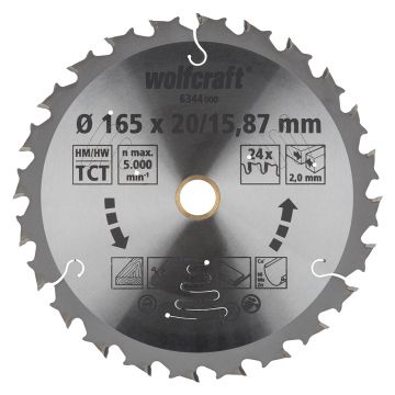 Panza pentru fierastrau circular cu acumulatori Wolfcraft 6344000, diametru 165 mm, diametru interior disc 15.87, 20 mm, latime taiere 1.8 mm, 24 dinti, seria mov