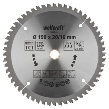 Panza pentru fierastrau circular de mana Wolfcraft 6623000, diametru 190 mm, diametru interior disc 20, 16 mm, latime taiere 2.5 mm, 56 dinti, seria mov