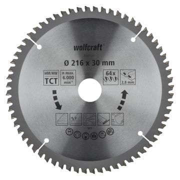 Panza pentru fierastrau circular de masa Wolfcraft 6541000, diametru 216 mm, diametru interior disc 30 mm, latime taiere 2.8 mm, 64 dinti, seria mov