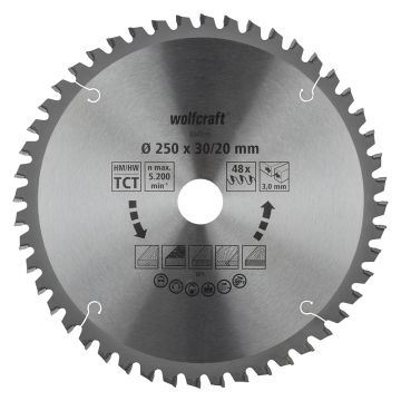 Panza pentru fierastrau circular de masa Wolfcraft 6547000, diametru 250 mm, diametru interior disc 20/30 mm, latime taiere 3.0 mm, 48 dinti, seria orange.