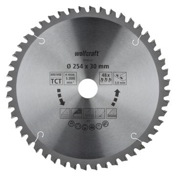 Panza pentru fierastrau circular de masa Wolfcraft 6548000, diametru 254 mm, diametru interior disc 30 mm, latime taiere 3.0 mm, 48 dinti, seria orange.