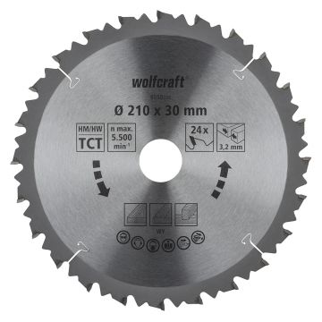 Panza pentru fierastrau circular de masa Wolfcraft 6550000, diametru 210 mm, diametru interior disc 30 mm, latime taiere 3.2 mm, 24 dinti, seria maro.