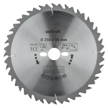 Panza pentru fierastrau circular de masa Wolfcraft 6660000, diametru 250 mm, diametru interior disc 30 mm, latime taiere 3.2 mm, 24 dinti, seria verde.