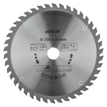 Panza pentru fierastrau circular de masa Wolfcraft 6680000, diametru 250 mm, diametru interior disc 30 mm, latime taiere 3.2 mm, 42 dinti, seria orange.