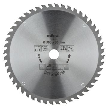 Panza pentru fierastrau circular de masa Wolfcraft 66820000, diametru 300 mm, diametru interior disc 30 mm, latime taiere 3.2 mm, 48 dinti, seria orange.