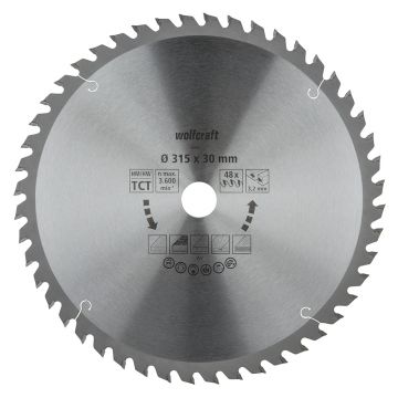 Panza pentru fierastrau circular de masa Wolfcraft 6684000, diametru 315 mm, diametru interior disc 30 mm, latime taiere 3.2 mm, 48 dinti, seria orange.