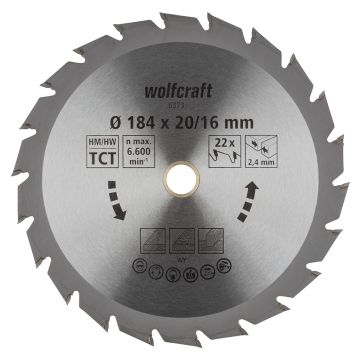 Panza pentru fierastrau circular Wolfcraft 6373000, diametru 184 mm, diametru interior disc 16 mm, latime taiere 2.4 mm, 22 dinti, seria verde.