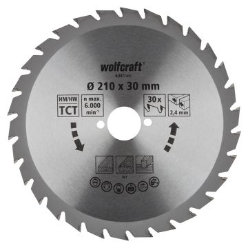 Panza pentru fierastrau circular Wolfcraft 6381000, diametru 210 mm, diametru interior disc 30 mm, latime taiere 2.4 mm, 30 dinti, seria verde.