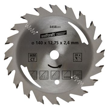 Panza pentru fierastrau circular Wolfcraft 6458000, diametru 140 mm, diametru interior disc 12.75 mm, latime taiere 2.4 mm, 20 dinti, seria argintie.