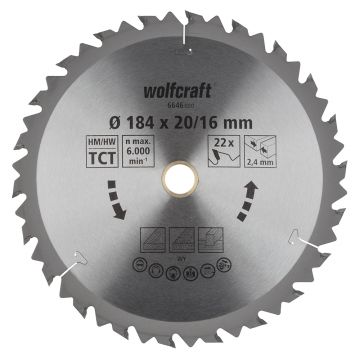 Panza pentru fierastrau circular Wolfcraft 6646000, diametru 184 mm, diametru interior disc 20, 16 mm, latime taiere 2.4 mm, 22 dinti, seria maro.
