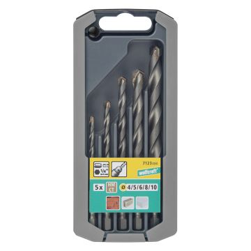 Set 5 burghie cu cu tija hexagonala vidia (HM) pentru piatra Wolfcraft 7123000, diametre 4-10 mm, prindere hex 1/4