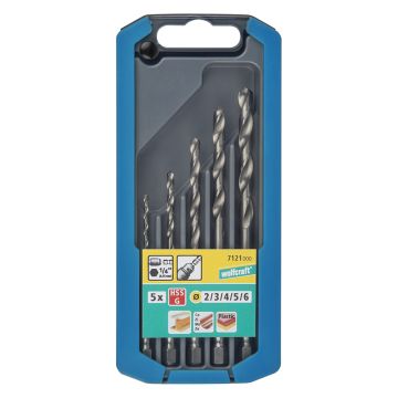 Set 5 burghie pentru metal Wolfcraft 7121000, HSS, cu tija hexagonala, 2, 3, 4, 5, 6 mm, in cutie glisanta de plastic