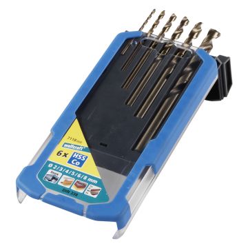 Set 6 burghie pentru metal Wolfcraft 7118000, HSS-Co, 2, 3, 4, 5, 6, 8 mm, in cutie de plastic