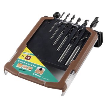 Set 6 burghie + zencuitor pentru lemn Wolfcraft 7107000, 3-10 mm, in cutie glisanta de plastic