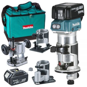Makita  DRT50RFEX3 - Masina de frezat cu 2 acumulatori Li-Ion 18 V 5 Ah 6 8 mm geanta textila