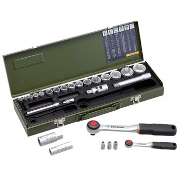 Proxxon  23020 - Set capete chei tubulare 6-32  mm patrat 1/4 si 1/2 inch 27 bucati
