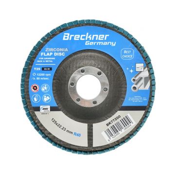 Disc lamelar, abraziv, cu zirconiu, pentru taiat si polizat metal, inox, P40, 125mm, Cod: BK77200 Echivalență: DISGX19, Breckner Germany