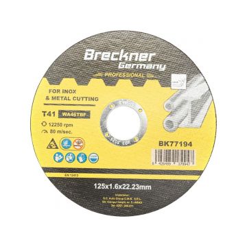 Panza disc, flex, pentru taiat si polizat inox, T41, 125x1.6x22mm, Cod: BK77194 Echivalență: DISGX13, Breckner Germany