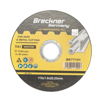 Panza disc, flex, pentru taiere inox, T41, 115x1.0x22mm, Cod: BK77191 Echivalență: DISGX10, Breckner Germany