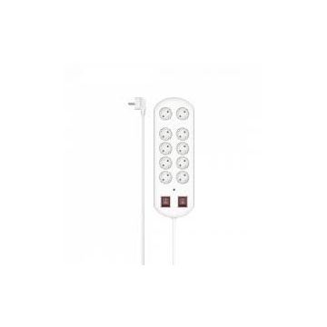 Power Strip 10-Way Overvoltage Protection Two Switches 2 m White