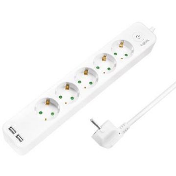 Prelungitor 5x Schuko 2x USB 5V/2.1A (10.5 W) Cablu 3G 1.5MM² 230V/16A 50Hz Maxim 3600W Buton Intrerupator Iluminat IP20 1.5M Alb