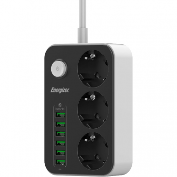 Prelungitor Max 3 x AC Schuko + 6 x USB-A 2500W 10A 2m Negru