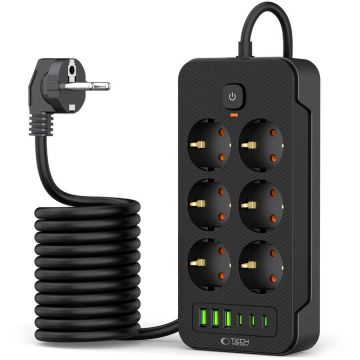 Prelungitor PC6X6 6x AC 3 Porturi USB 3 Porturi USB-C Lungime Cablu M Negru