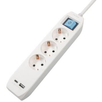 Prelungitor Schuko x 3 Conectare prin Schuko (T) 1xType-C 1xUSB 3.1A Cablu 4.5M 16A Max. 3500W Protectie Copii Intrerupator Alb-Gri