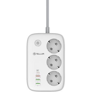 Prelungitor WiFi Smart 3x Schuko PD 30W QC 18W 2x USB 2.4A 2500W 10A Cablu 2M Alb