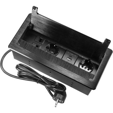 Priza Incastrabila OR-GM-9041(GS)/B 2 Prize Schuko 230V 1xUSB-A 1x USB-C 2x RJ45 CAT 5E 3680W IP20 Cablu 1.5M Negru