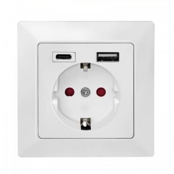Priza pentru Perete 1x Schuko 1x USB 1x USB-C 5V/2.8A Max 230V AC 50Hz Alb