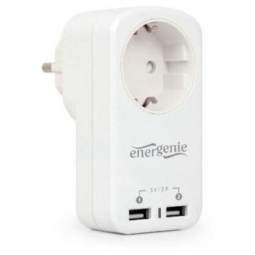 Priza Schuko x 1 Conectare prin Schuko (T) USB x 2 10A Protectie Supratensiune Protectie Copii Alb