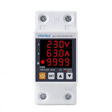 Releu de protectie la tensiune si curent cu monitorizare consum, 220V 63A, TAXNELE TVPS1-63P