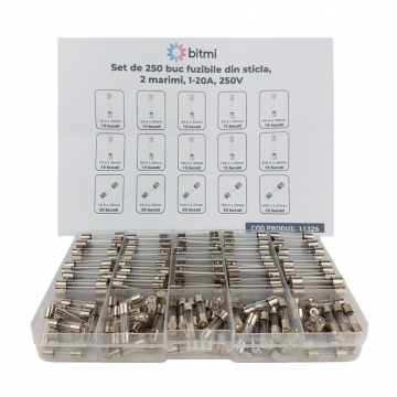 Set de 250 buc sigurante fuzibile din sticla, 2 marimi, 1-20A, 250V, Bitmi 11326 Set de 250 buc sigurante fuzibile din sticla, 2 marimi, 1-20A, 250V, Bitmi 11326