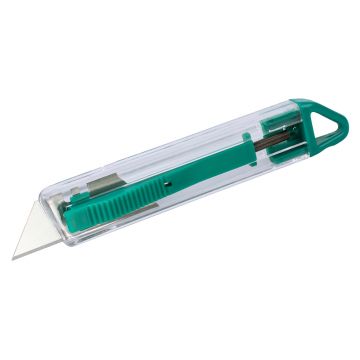 Cutter cu lama trapezoidala Wolfcraft 4135000, carcasa de plastic, lama se retrage automat la eliberarea butonului de siguranta