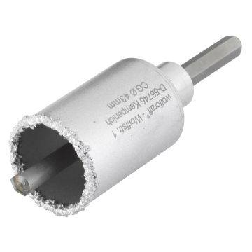 Carota diamantata cu acoperire tungsten Wolfcraft 3894000, diametru D 43 mm, adancime de taiere 55 mm, cu ax hexagonal si burghiu de centrare HM, D 8 mm