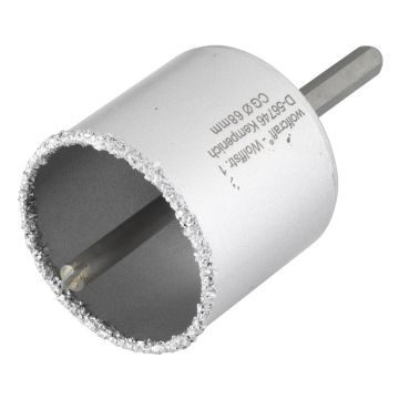 Carota diamantata cu acoperire tungsten Wolfcraft 3896000, diametru D 68 mm, adancime de taiere 55 mm, cu ax hexagonal si burghiu de centrare HM, D 8 mm