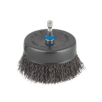 Perie din otel cu fir ondulat Wolfcraft 2109000, tip oala, D 80 mm, tija hexagonala 1/4