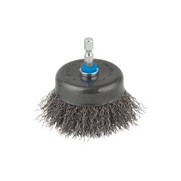 Perie din otel cu fir ondulat Wolfcraft 2708000, tip oala, D 75 mm, tija hexagonala 1/4